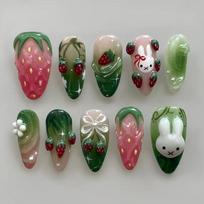 24PCS 3D Mushroom Almond Press on Nails Hand-painted Cute Apple Golden Spiral Polka Dot French Fake Nails Wearable Nail Manicure gray