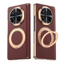 For Honor Magic V6 Natūralios odos telefono dėklas su magnetiniu stoveliu, dviejų ašių vyrių dėklas ir integruota plėvelė sulankstomo ekrano apsaugai Honor Magic V6 raudona