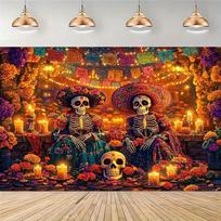 1pc Halloween party backdrop banner, decorated with skull garlands, made of polyester fiber, no electricity required 118×59inch/300*150cm orange