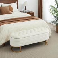 Chesterfield-Style Velvet Bench with Storage at the Foot End, with Golden Metal Legs and Integrated Ventilation Openings for Bedroom and Living Room smėlis
