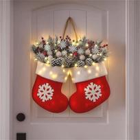 LED Twinkling Christmas Wreath, Artificial Pine Wreath with Red Berries, Front Door Wall Hanging Decor for Halloween Christmas Holiday glove beige