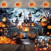 Halloween Haunted House Photo Backdrop Scary Night Castle Pumpkin Backdrop 59x51.1inch/150*130cm white