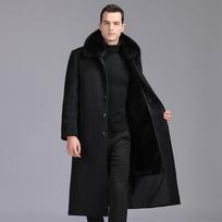 Men's Detachable Woolen Over-the-Knee Coat with Real Fur Collar and Fleece Lining. 195/108A black