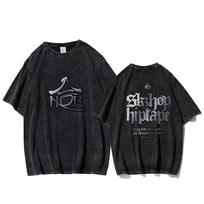 Stray Kids Skzshop Hiptape Graphic T-Shirt Vintage Mineral Wash Oversized Short Sleeve Tee Kpop Merchandise Streetwear Unisex Casual Summer Top S black