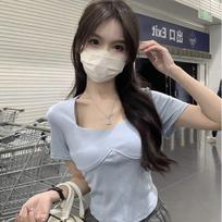 South East Asia new Korean version of fish bone design sense square collar T-shirt women's summer slim and thin short-sleeved top XL black