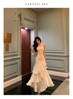 Lotus leaf edge niche light luxury suspender dress women's year new banquet temperament fish tail waist dress long dress S gray