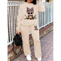 Women's Crewneck Sweatshirt & Drawstring Straight-Leg Pants 2-Piece Set, Printed Autumn/Winter Tracksuit 5XL abrikosas
