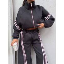 Womens Colorblock Striped Zip-Up Hoodie Wide-Leg Pants Set Casual Loose Fit Streetwear Outfit Fall Winter XL tamsiai pilka spalva