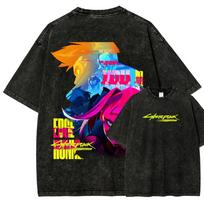 Cyberpunk Washed T-shirt 2026 New Model personality Clothes shirt Year round clothing Retro Fashion Vintage Loose gift high quality XXXL blue