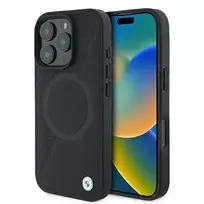 BMW BMHMP16L23RTPK iPhone 16 Pro 6.3" black hard case, Sign Leather, Half Textured, Circle MagSafe