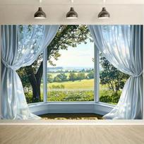2D Peaceful Countryside Backdrop Open Window Curtain Photography Background 70.9x43.3inch/180*110cm white