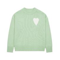 Unisex Knit Sweater With Embroidered Heart Motif Crew Neck Loose Fit Cotton Blend Casual Workwear Style Medium augalų žalia