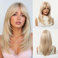Ombre Blonde Long Wavy Layered Synthetic Wigs 22 Inch Curtain Bangs Heat Resistant Natural Looking Adjustable Wig for Daily Wear brown