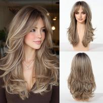 Ombre Blonde Long Wavy Layered Synthetic Wigs 22 Inch Curtain Bangs Heat Resistant Natural Looking Adjustable Wig for Daily Wear black