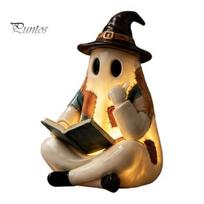 Cute Ghost with Wizard Hat Lighted Vintage Patchwork Ghost, Reading Book Figurine, Halloween Lamp Decor, Atmosphere for Courtyard Fall Night brown