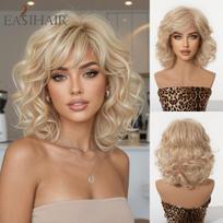 Platinum Blonde Short Wavy Bob Wig with Bangs Heat Resistant Synthetic Fiber Wig for Women Natural Looking Daily Party Cosplay brown