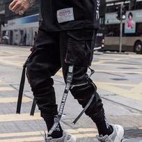 Moterys Vyriški Cargo Kelnės Juostelės Kišeninis Jogger Elastingas Juosmuo Aukštas Streetwear Harajuku Punk medvilninės kelnės L black