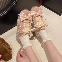 Leather Version Small Ballet Style Deqin Shoes Women's Casual Sports Shoes with Butterfly Knot Rubber Outsole Comfortable Mid He 40