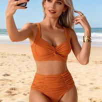 Moterio maudymosi kostiumas Dviejų dalių maudymosi kostiumas Seksualus dviejų dalių aukštu liemeniu bikini maudymosi kostiumas S oranžinė