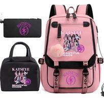 Katseye Kpop Girl Group Photo Set 3-Piece Backpack Set with Pencil Case and Lunch Bag, Trendy Color Block School Bookbag for Teen Girls