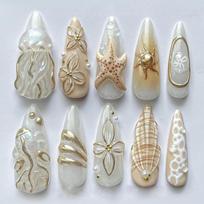 3D Starfish & Mermaid Pearl Press On Nails, Ocean Theme Almond Shape Fake Nails, Handmade Beach Style Nail Art with Rhinestones, Reusable Full Set gray