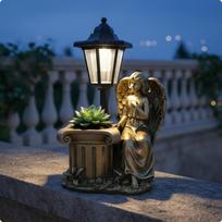 Solar Angel Statue Resin Material Planter Lamp Sculpture Weather Resistant Ornament for Antique Copper Sitting Angel Pot black