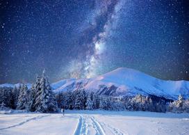 Fabric 7x5ft Winter Backdrop Night Starry Sky Snowfield Snow Mountain Snowy Landscape Photography Background for Christm 59×39inch/150*100cm blue