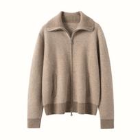 Women's Thick Double-Layer Herringbone Cashmere Zipper Cardigan - Autumn/Winter Casual Slimming Knitwear Jacket Medium beige