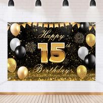 Black Gold Happy 15th Birthday Backdrop Banner Glitter Black Gold Theme Photography Photo Prop Background Decor for Boys 59×39inch/150*100cm black