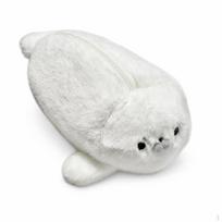Fluffy Seal Plush Pencil Pouch with Glasses, Large Capacity Standing Stationery Organizer for Gray Seal Pencil Pouch white