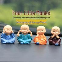 Straw Hat Monk Swinging Desk & Car Ornament - Set of 4 Bald Novice Figurines blue
