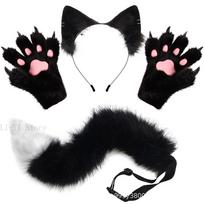 4 vnt./rinkinys pliušinės lapės ausys ir uodega, purios katės letenos pirštinės su nagais, gyvūno ausys, Helovino kostiumo aksesuarai, pliušiniai Kitsune Cosplay rinkiniai as show black