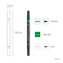 Monami 04038 Dual-Tip Colored Calligraphy Brush Pen Set - Soft & Medium Tips for Regular Script žalia