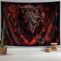 Norse Viking Wolf Tapestry Mythology Runes Medieval Animal Art Wall Hanging for Bedroom Living Room Decor 100X70CM brown