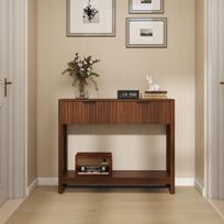 Mid-Century Modern Console Table with 2 Drawers and Open Shelf, Narrow Entryway Table in Walnut Look, for Hallway, Living Room and Small Spaces 100 x 29.5 x 81.5 cm