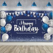 Tatuo Happy Birthday Banner Backdrop Decoration for Men Women(Silver Blue) 59×39inch/150*100cm white