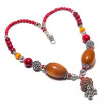 Yellow Amber Red Onyx Gemstone Necklace Tibetan Cabochon Boho Jewelry 18  NA 687 18 in geltona