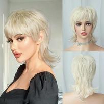 Short wig shaggy Layered 80s Mullet wig Pixie Cut wig WithBangs Curly Synthetic Fake Hair For Women Party Cosplay Use 12inches&1pc beige