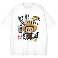 Labubu printed T-shirt short-sleeved cute cartoon loose men's and women's tops 5XL black
