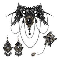 Halloween Gothic Choker Earrings Set for Women with Retro Black Lace Necklace Bracelet Set for Halloween Party Cosplay 1 black