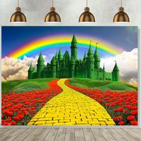 1 didelis „Ozo burtininko“ žaliasis pilies ir plytų kelio fonas - ryškus gėlių vaivorykštės poliesterio fotografijos fonas 59×39inch/150*100cm blue