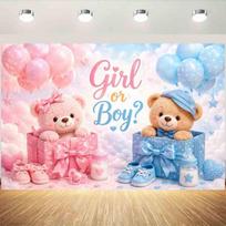 Girl Or Boy Teddy Bear Gender Reveal Photography Backdrop Baby Bottle Balloons Baby Shower Party Photo Banner 59x51.1inch/150*130cm pink