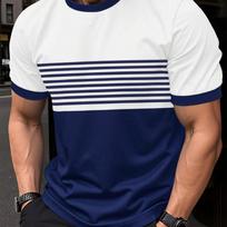 Oversized t-shirt Men's T Shirt Summer Fashion Casual Round Neck Short Sleeve Top Striped Printed Men's Clothing T-shirt XXL blue