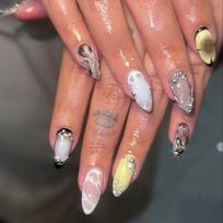 24Pcs Y2K Purple Smudge Almond Press On Nails With Silver Stripes And Metal Bows Punk Spicy Girl Fake Nails brown