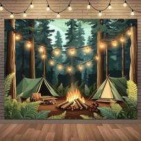Camping forest night light tent campfire background, with dimensions of 179.83 × 229.87 centimeters 59×39inch/150*100cm gray