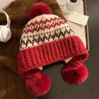 Knitted Hat Women's Winter Hairball Thickened Thermal Pullover Hat Cold Ear Protection Wool Hat one size raudona