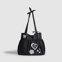 Korean polka dot tote bag cute bow love retro note shoulder bag large capacity cotton travel outing black