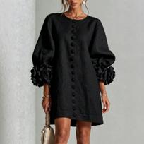 Moteriška medvilnės ir lino su rankovėmis su elegantišku 3D XL juoda