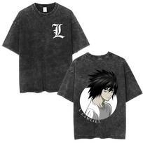Retro Washed Anime 'Death Note' T-shirt with Light Yagami Design, Unisex Cartoon Manga Loose T-shirt XL black