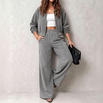 Women's Vintage Corduroy Two-Piece Outfit with Cropped Jacket and Wide Leg Pants XL gray